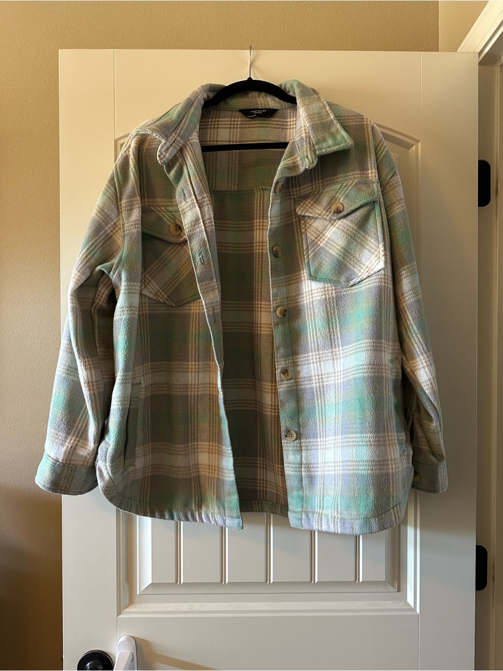 Plaid Shirt Jacket in Mint Green & Cream